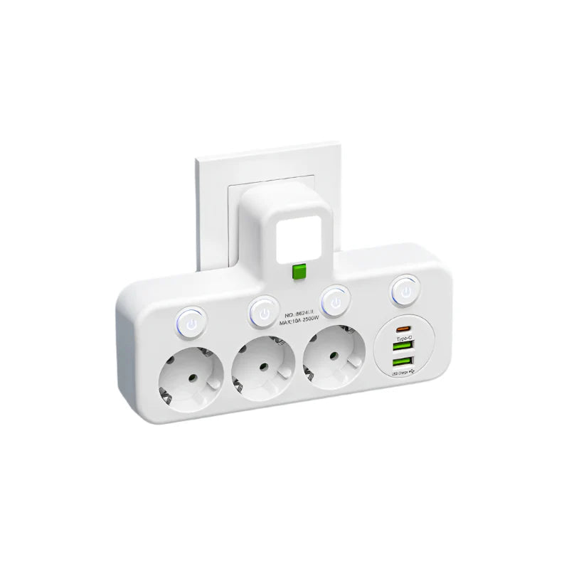 Power Strip with 3–4 Outlets, 2 USB Ports, and 1 Type-C Port | 2500 W | Surge Protection and Control Switch