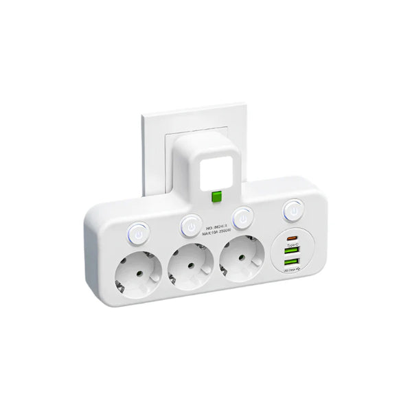 Power Strip with 3–4 Outlets, 2 USB Ports, and 1 Type-C Port | 2500 W | Surge Protection and Control Switch