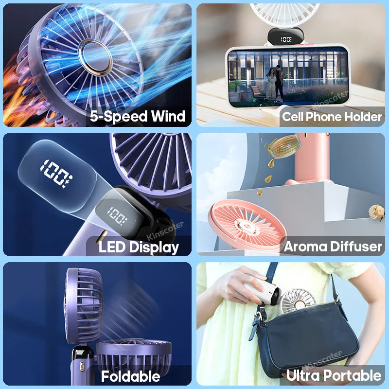 3-in-1 Mini Fan | LED Display | 5 Speed Settings | Battery with Power Bank Function | Portable & Standable
