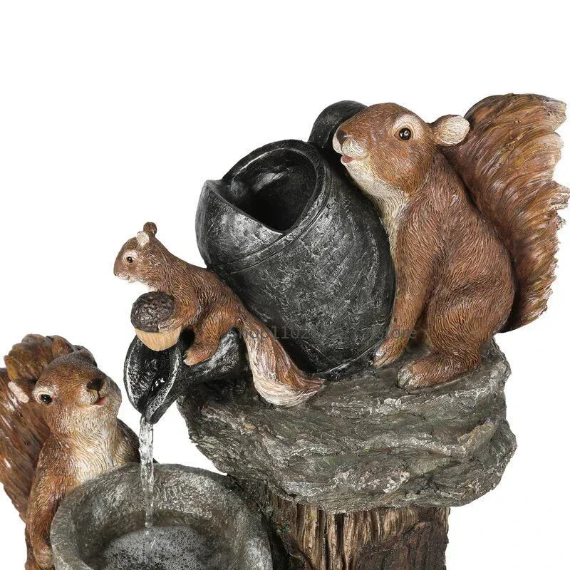 Solar Decorative Fountain with Duck and Squirrel | Garden Figure Featuring LED Light | Weatherproof Resin | Ideal for Terrace and Balcony