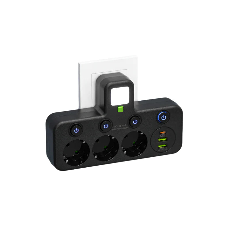 Power Strip with 3–4 Outlets, 2 USB Ports, and 1 Type-C Port | 2500 W | Surge Protection and Control Switch