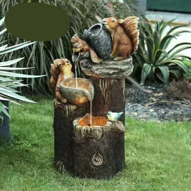 Solar Decorative Fountain with Duck and Squirrel | Garden Figure Featuring LED Light | Weatherproof Resin | Ideal for Terrace and Balcony