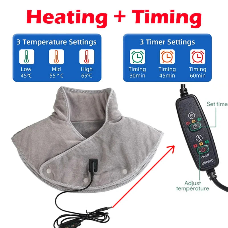 Heat Neck & Shoulder Massager | USB Heating Pad with Vibration | 3 Temperature Settings & Timer | Soft Plush Design