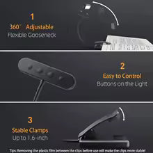 Flexible Reading Lamp | USB Rechargeable | 3 Light Colors & Dimmable | Clip-On with Flexible Arm