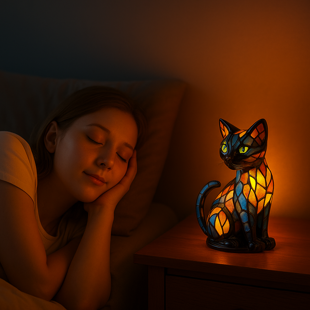 Color Changing Glass Table Lamp - Handmade Cat Design
