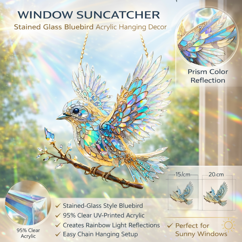 Stained Glass Effect Bluebird Window Suncatcher Hanging Decor