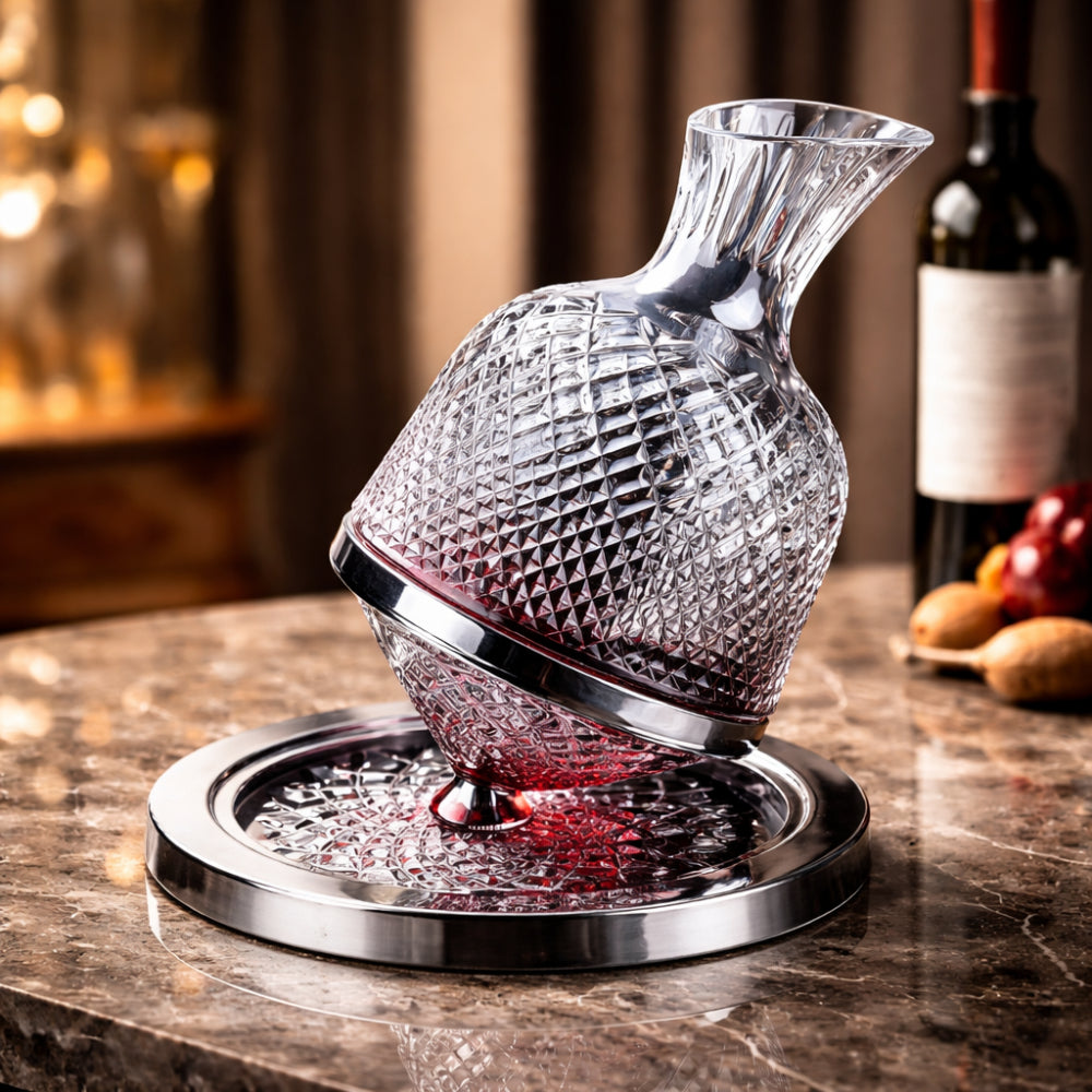 Crystal Glass Wine Decanter with Rotating Base for Aeration