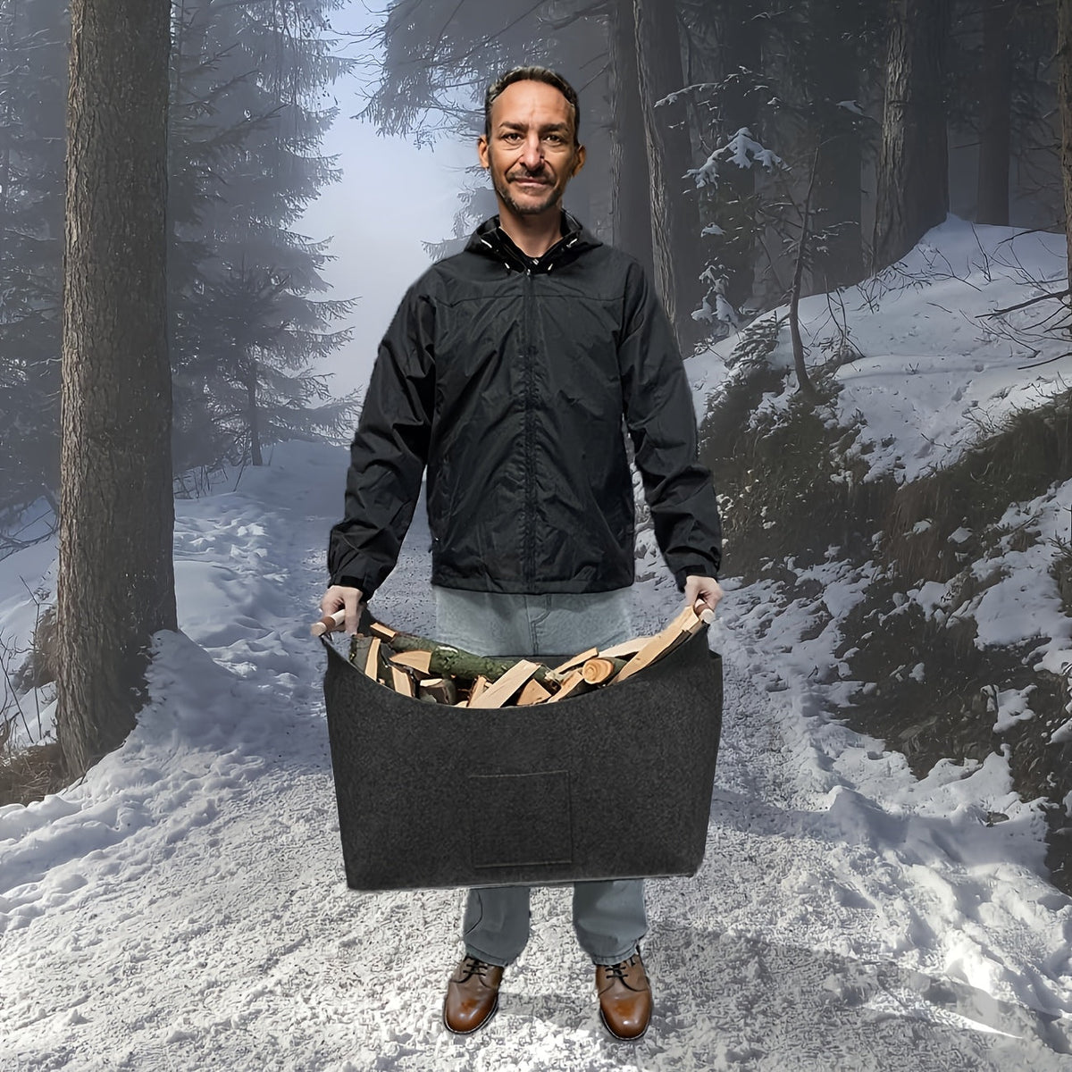 Felt Firewood Basket | Foldable | 55L Capacity | Wooden Handles & Leather Accents | Dark Gray