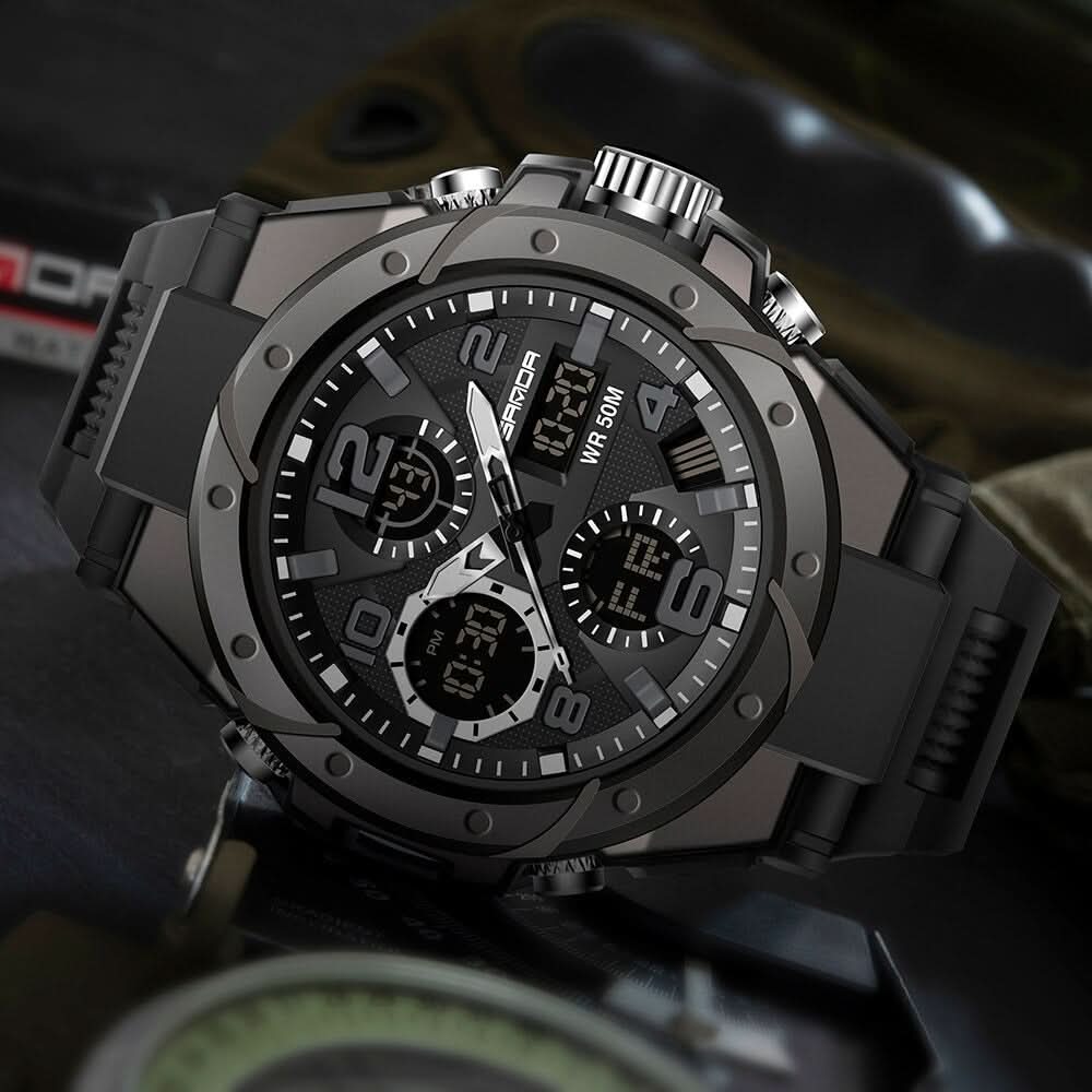 Men’s Military Watch with Analog-Digital Display and Features
