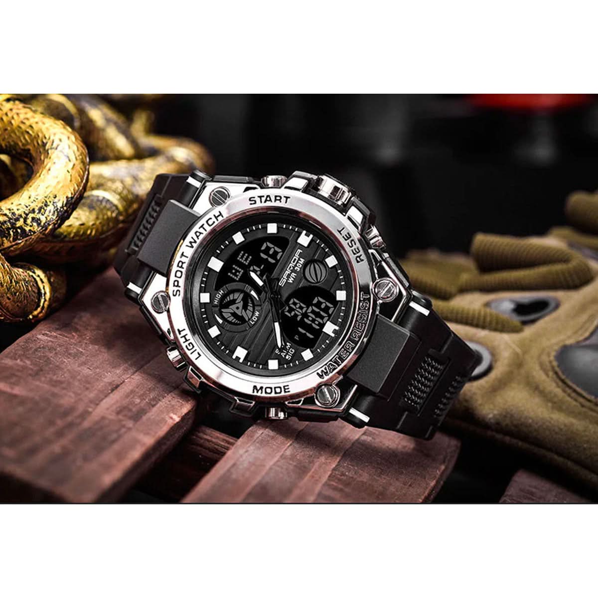 Men’s Military Watch with Analog-Digital Display and Features