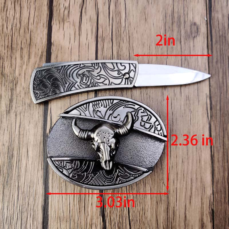 Oval Bull Skull Belt Buckle with Hidden Tool