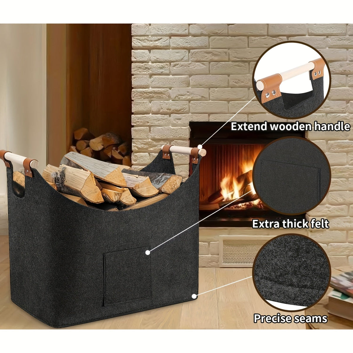 Felt Firewood Basket | Foldable | 55L Capacity | Wooden Handles & Leather Accents | Dark Gray