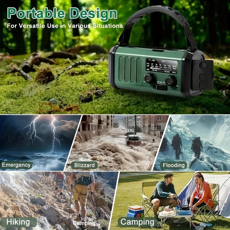 Emergency Radio with 10,000 mAh Power Bank | Solar, Crank & USB-C Charging | LED Light, SOS Alarm & Compass | AM/FM/NOAA