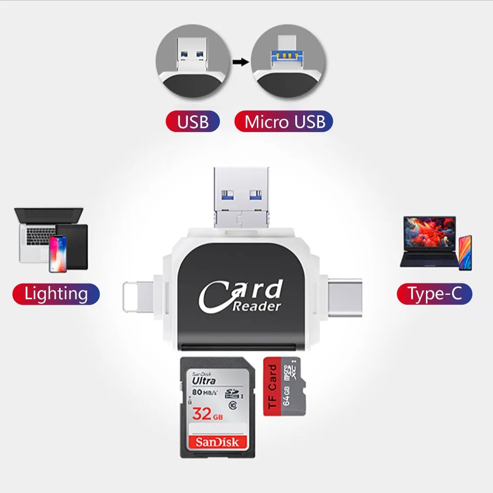 Buy One Get One Free | 4-in-1 Card Reader – USB, USB-C, Micro-USB & Lightning with SD/Micro-SD Slot