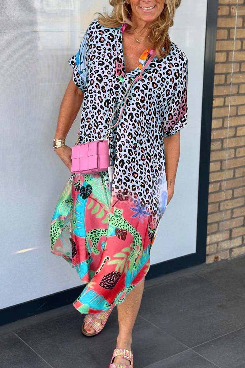 Leopard & Tropical Print Women's Maxi Dress | Lightweight V-Neck Summer Dress | Flowy Design for Beach, Vacation & Everyday Wear