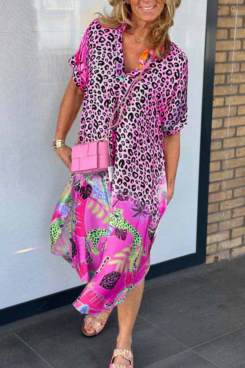 Leopard & Tropical Print Women's Maxi Dress | Lightweight V-Neck Summer Dress | Flowy Design for Beach, Vacation & Everyday Wear