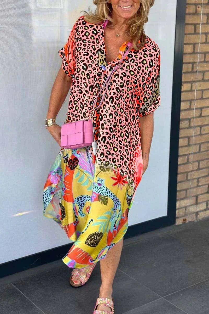 Leopard & Tropical Print Women's Maxi Dress | Lightweight V-Neck Summer Dress | Flowy Design for Beach, Vacation & Everyday Wear