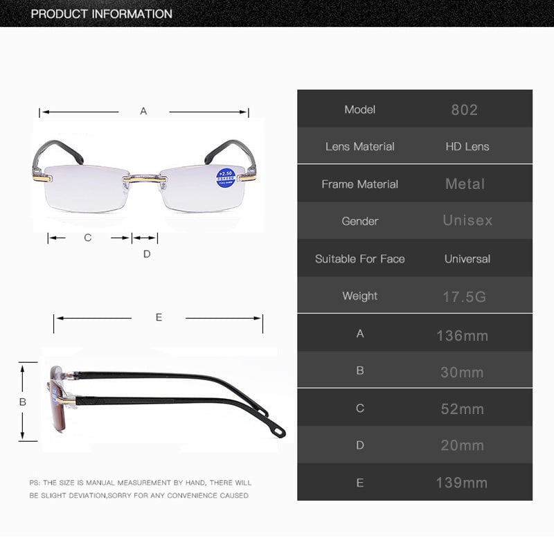Intelligent Reading Glasses with Progressive Lenses | Ultra-Light & Blue Light Filter | Suitable for Near & Distant Vision | Titanium Frame TR90
