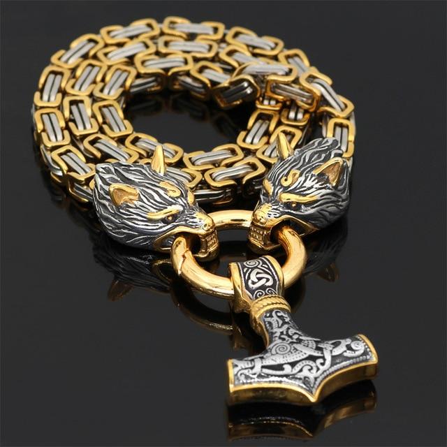 60–90 cm Stainless Steel Double Wolf Head & Hammer Survival Spirit Necklace/Bracelet
