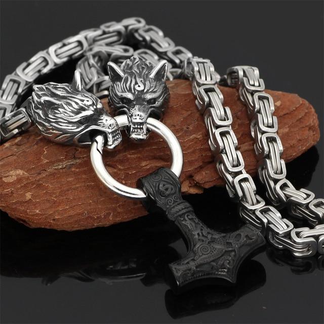 60–90 cm Stainless Steel Double Wolf Head & Hammer Survival Spirit Necklace/Bracelet