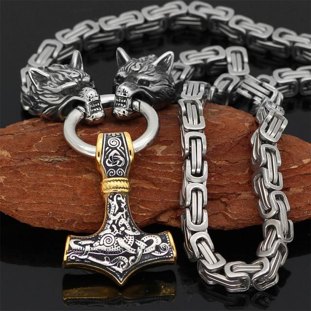 60–90 cm Stainless Steel Double Wolf Head & Hammer Survival Spirit Necklace/Bracelet