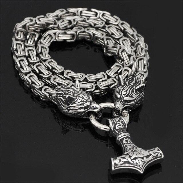 60–90 cm Stainless Steel Double Wolf Head & Hammer Survival Spirit Necklace/Bracelet