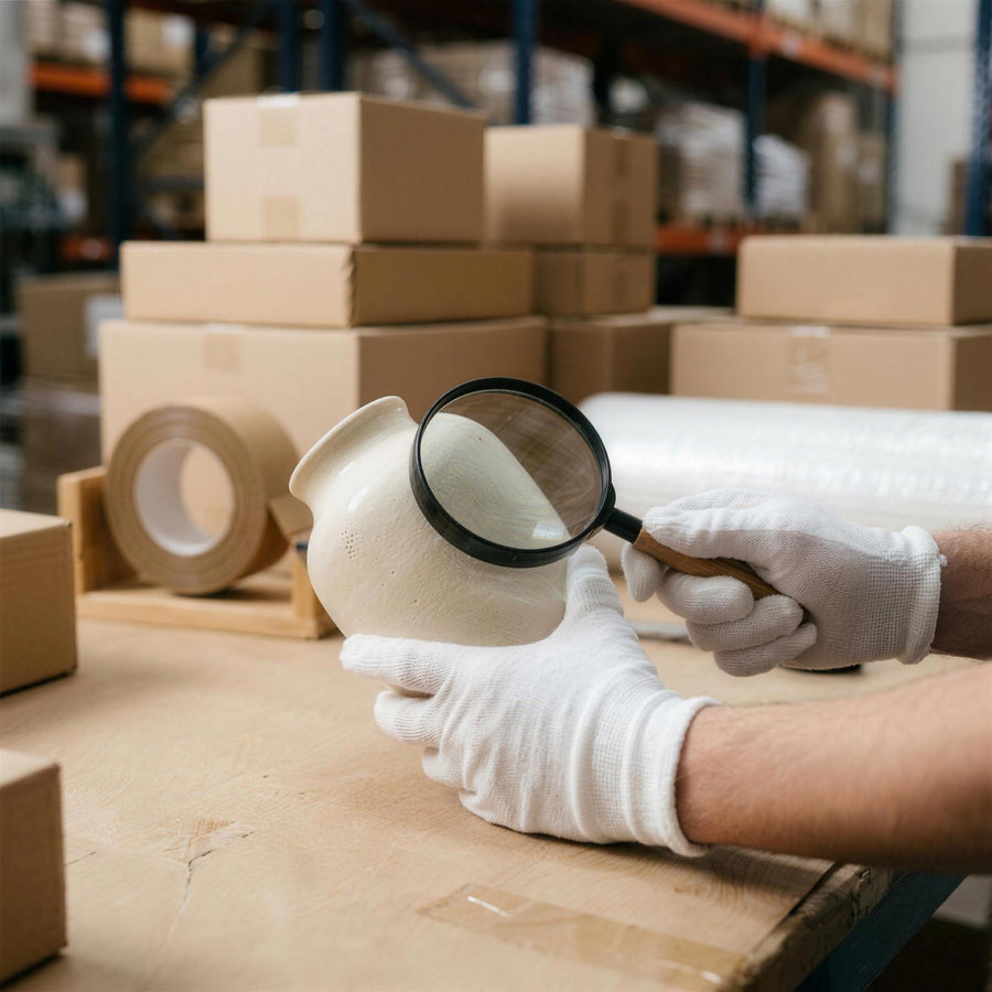 Gloved hands inspecting a cream ceramic vase before packing
