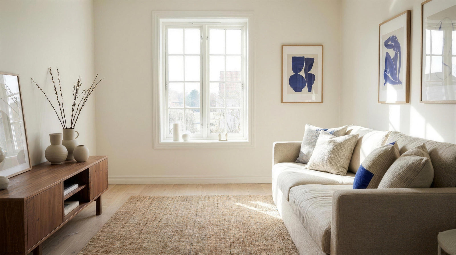 Bright living room styled with ceramic vases, framed prints and a jute rug